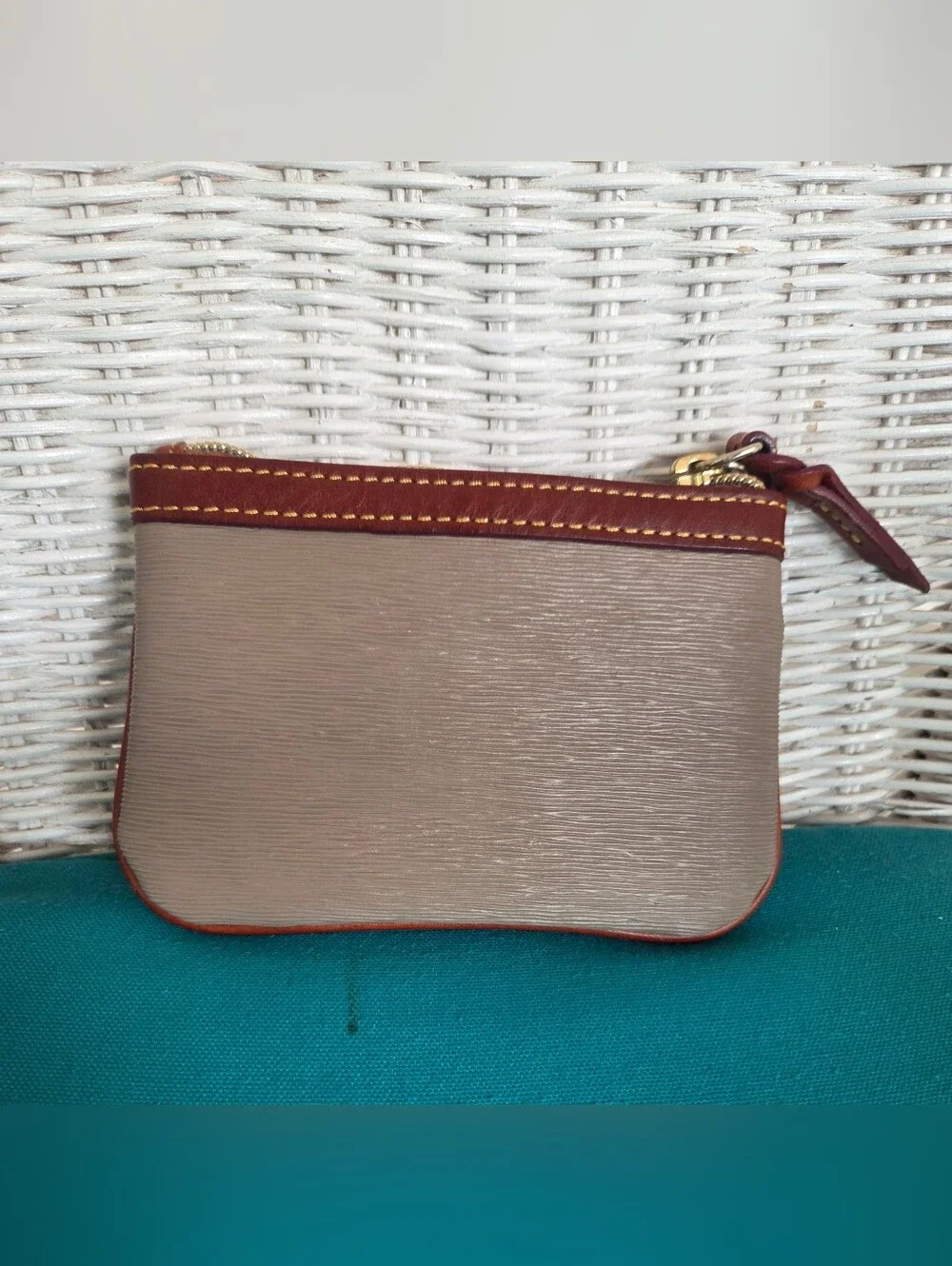 Dooney & Bourke Grey Clutch with Brown Leather Trim Wristlet, Key Ring